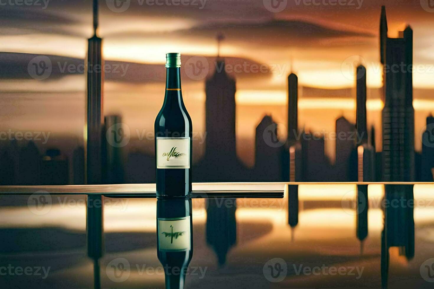 a bottle of wine sitting on a table in front of a city skyline. AI-Generated photo