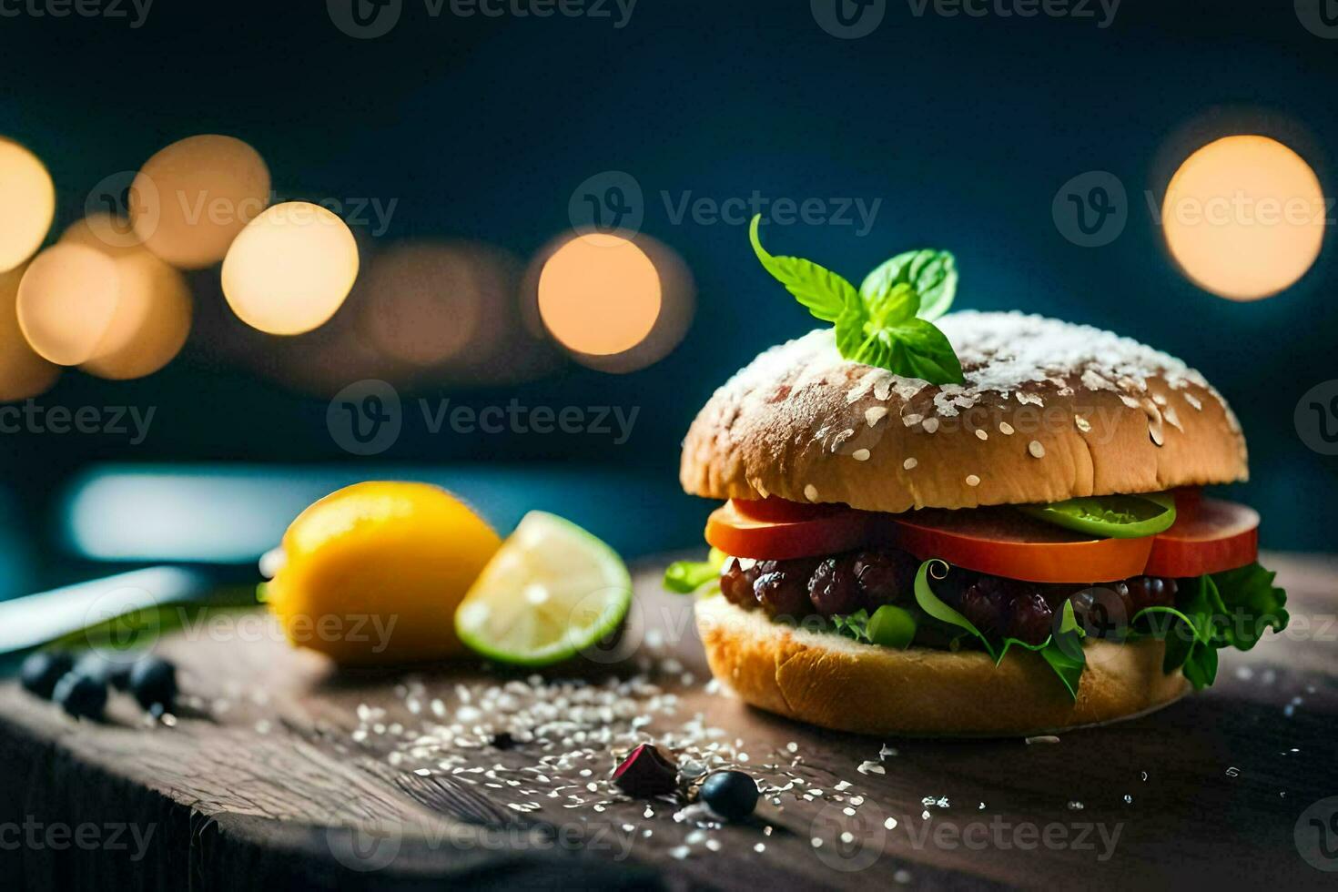 a hamburger with tomatoes and lettuce on a wooden board. AI-Generated photo
