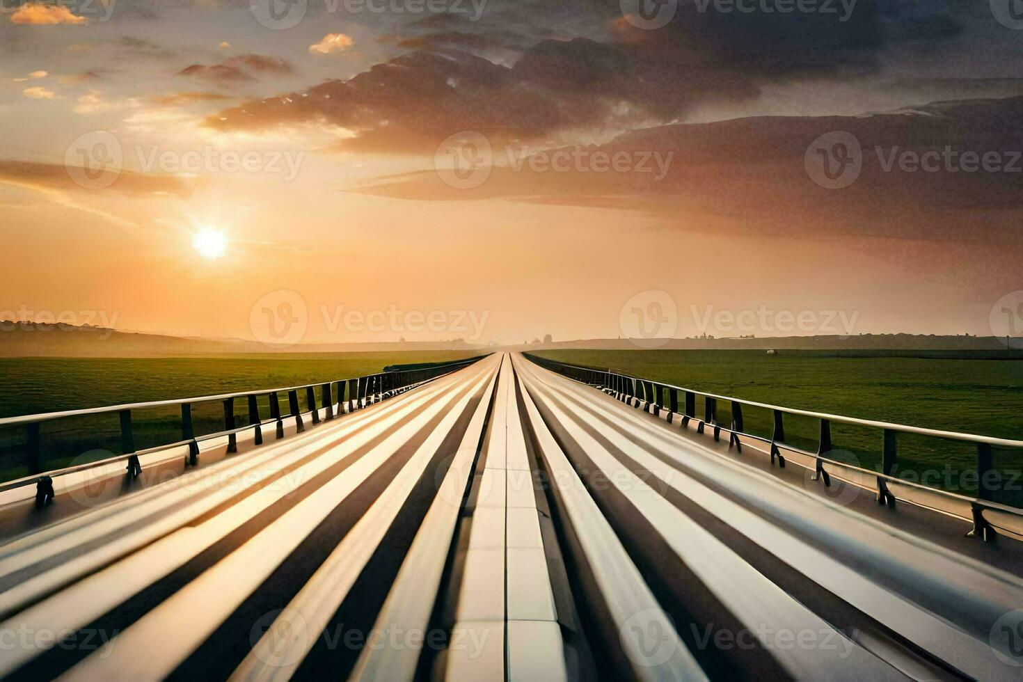 a long bridge with a sunset in the background. AI-Generated photo