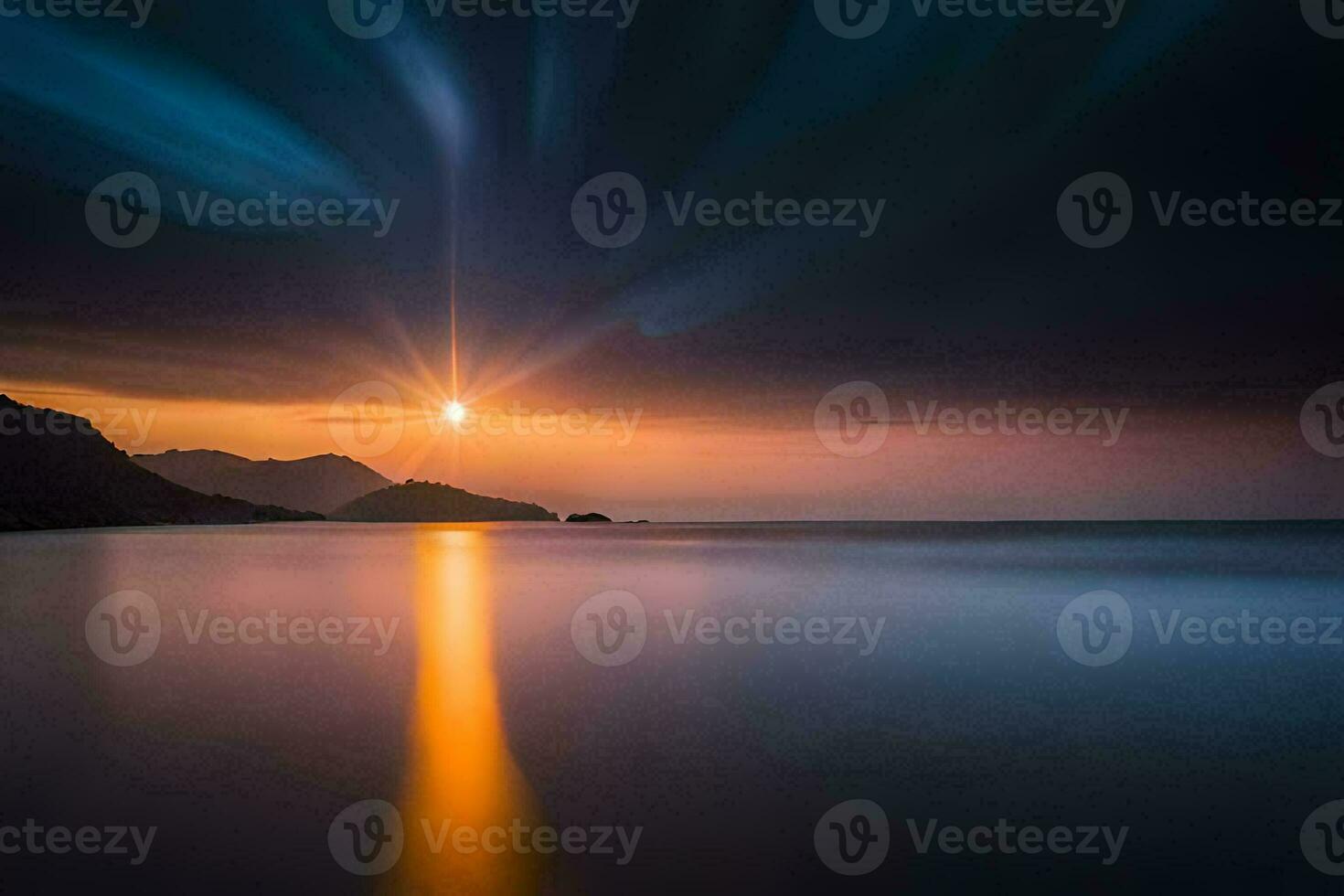sunset over the sea, mountains, water, hd wallpaper. AI-Generated photo