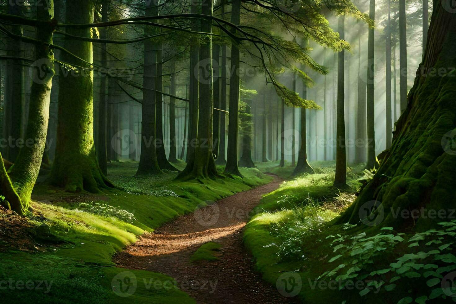 a path through a forest with trees and grass. AI-Generated photo