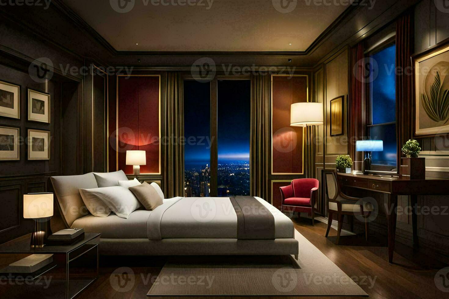 a bedroom with a view of the city at night. AI-Generated photo