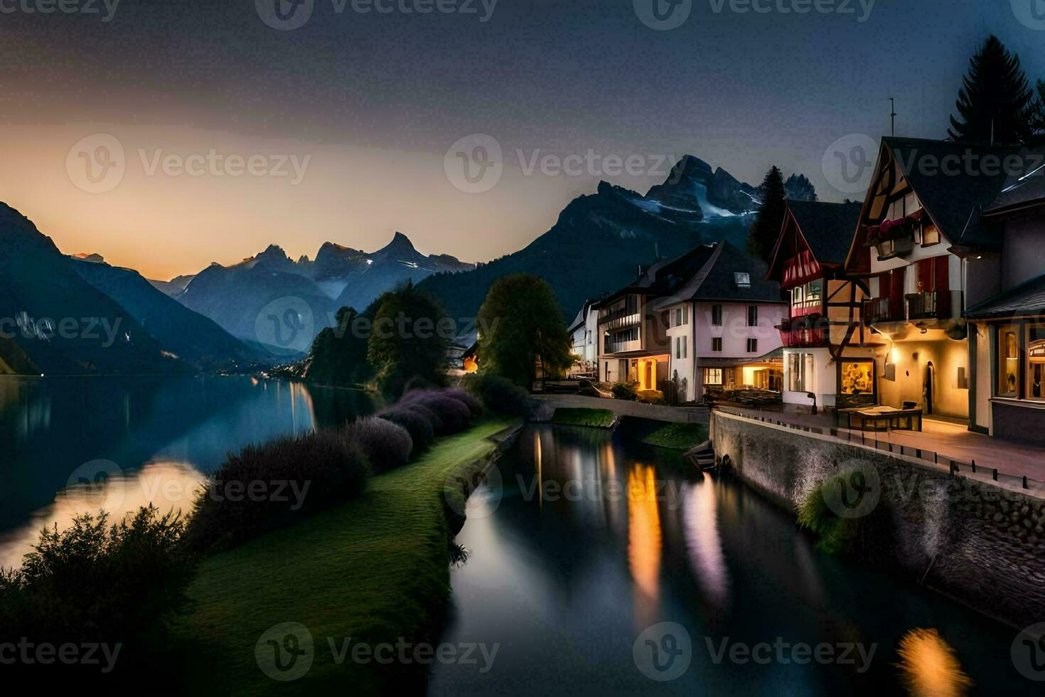 a town with a river and mountains at dusk. AI-Generated photo