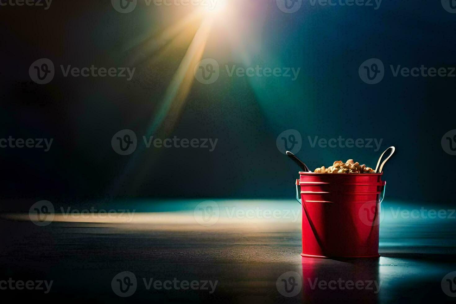 a red bucket with popcorn on a dark floor. AI-Generated photo