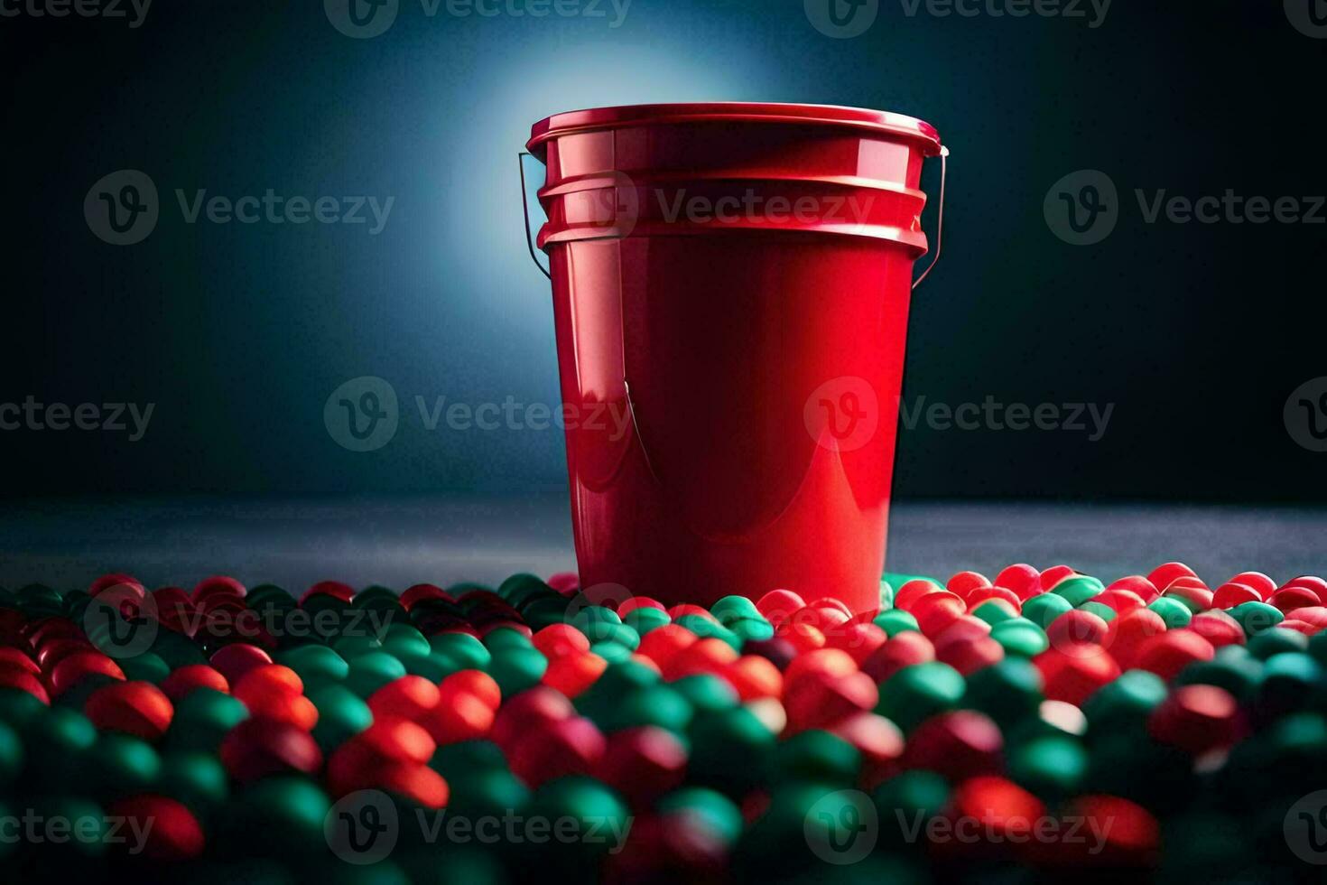 a red bucket with green and red balls. AI-Generated photo