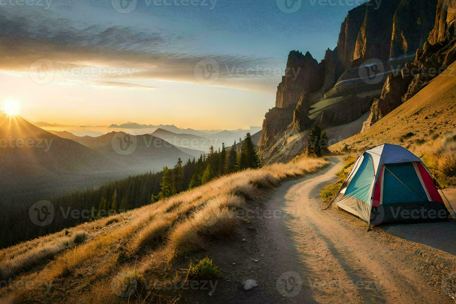 a tent is pitched on a dirt road in the mountains. AI-Generated photo