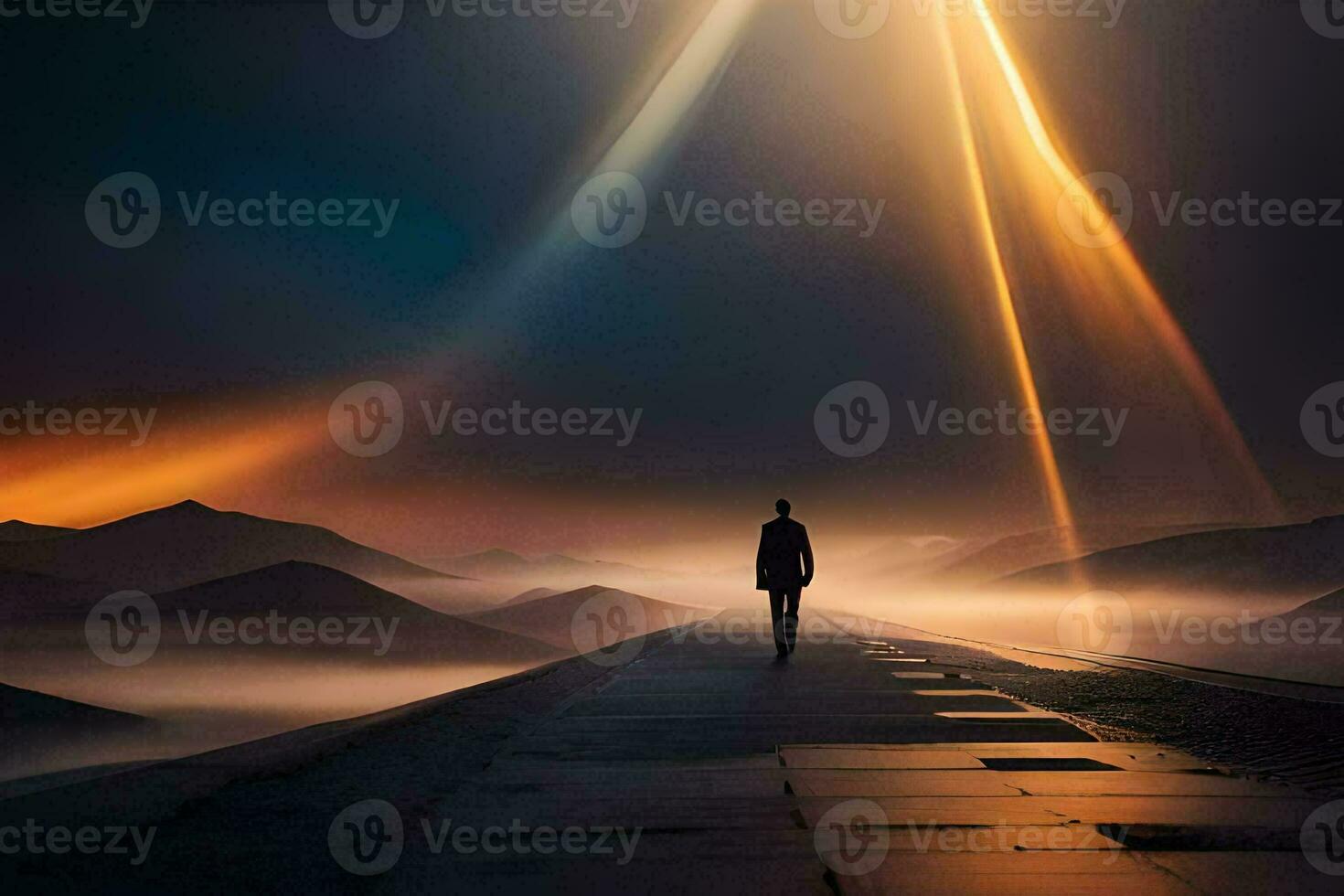 a man walks down a road in the fog with a bright light shining down. AI-Generated photo