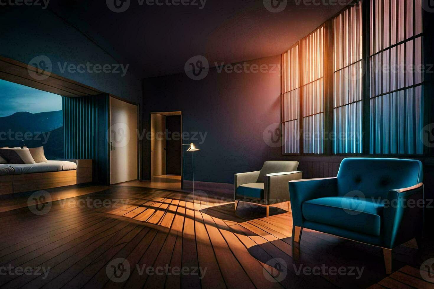 a bedroom with a blue chair and a window. AI-Generated photo