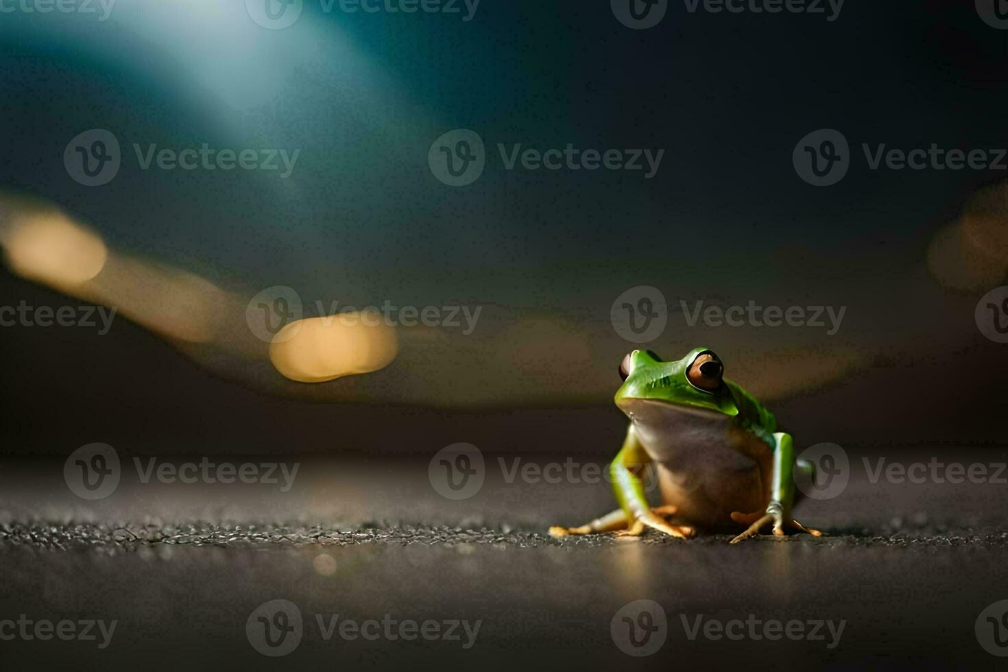 a frog sitting on the ground in front of a blurry background. AI-Generated photo