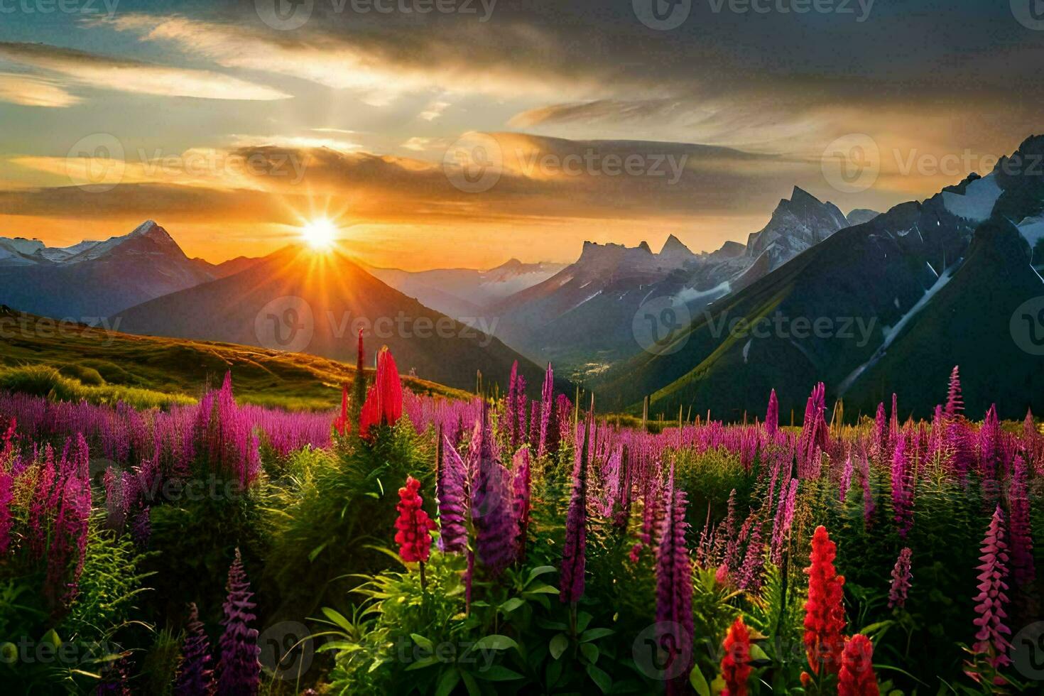 the sun rises over the mountains and flowers in the foreground. AI-Generated photo