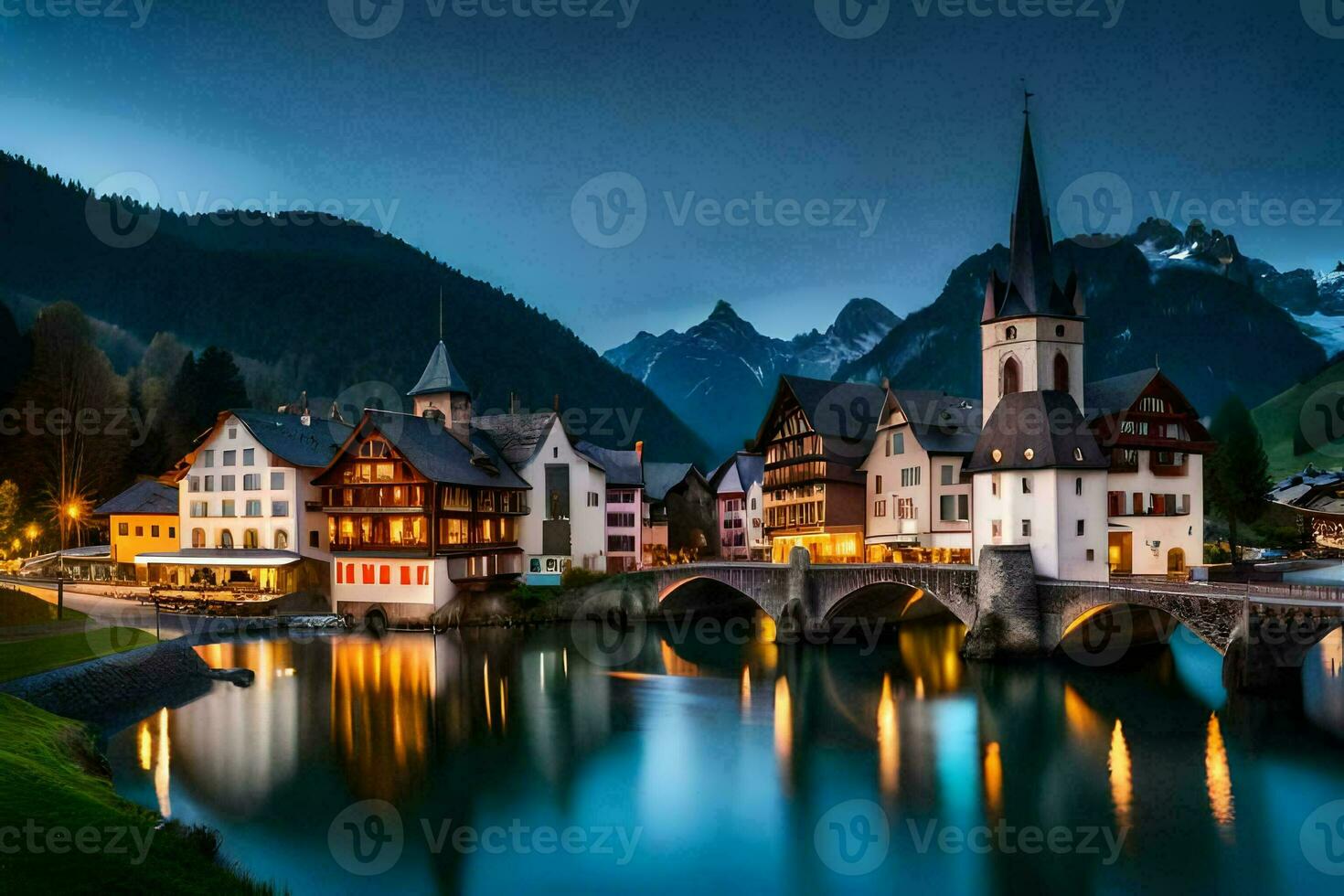 photo wallpaper the sky, mountains, water, bridge, town, europe, germany. AI-Generated