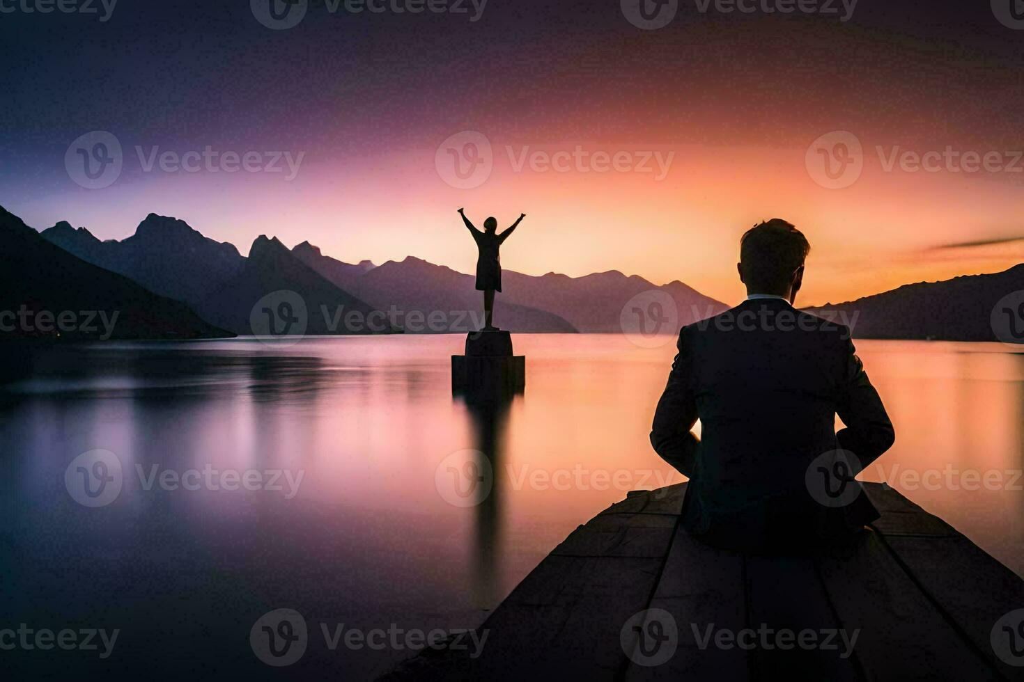 un hombre sentado en un muelle con su brazos extendido a puesta de sol. generado por ai foto