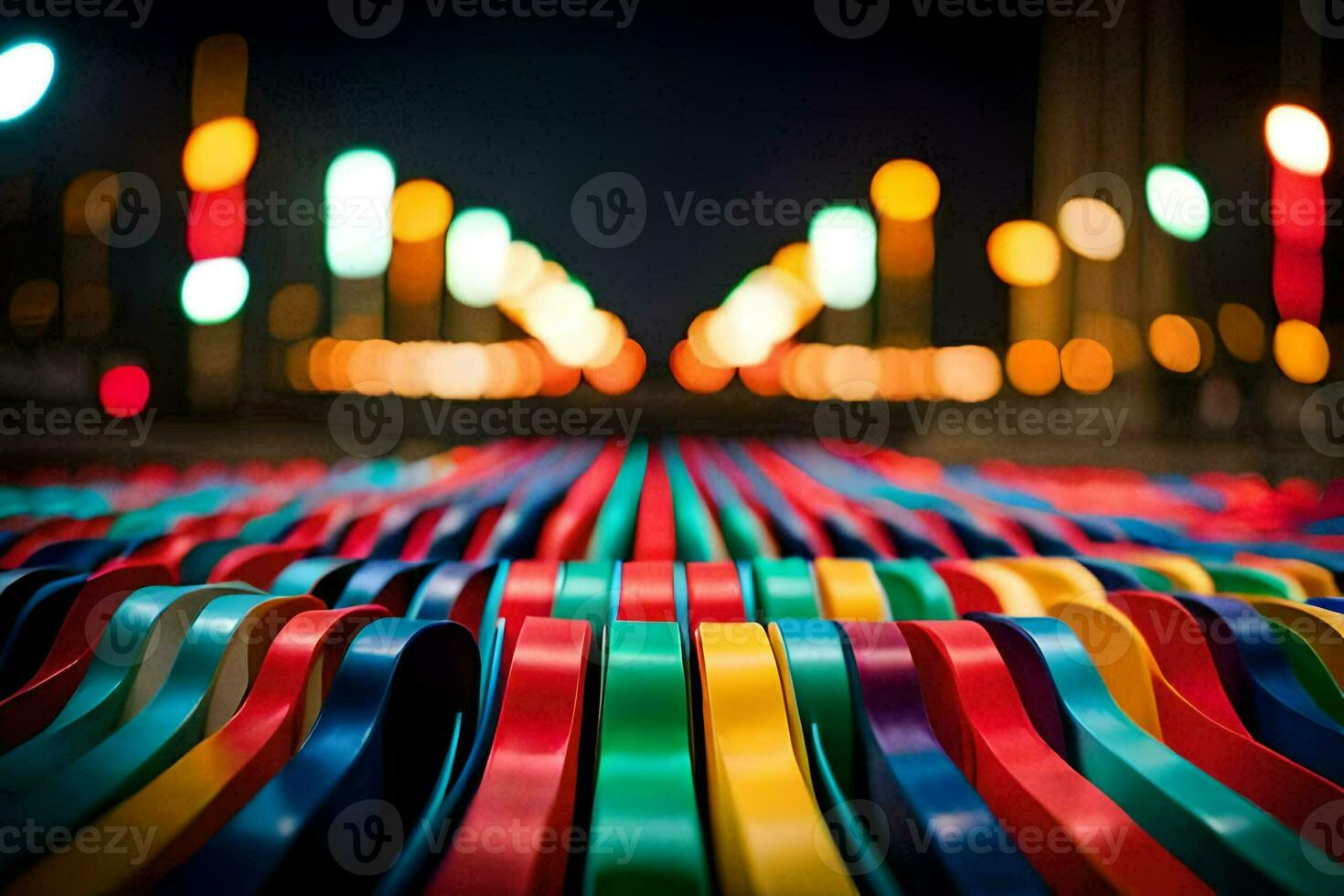 a row of colorful plastic chairs in front of a city street. AI-Generated photo