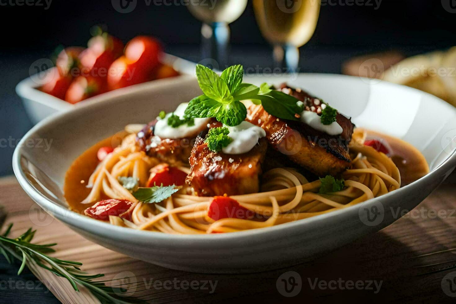 a bowl of spaghetti with meat and vegetables. AI-Generated photo