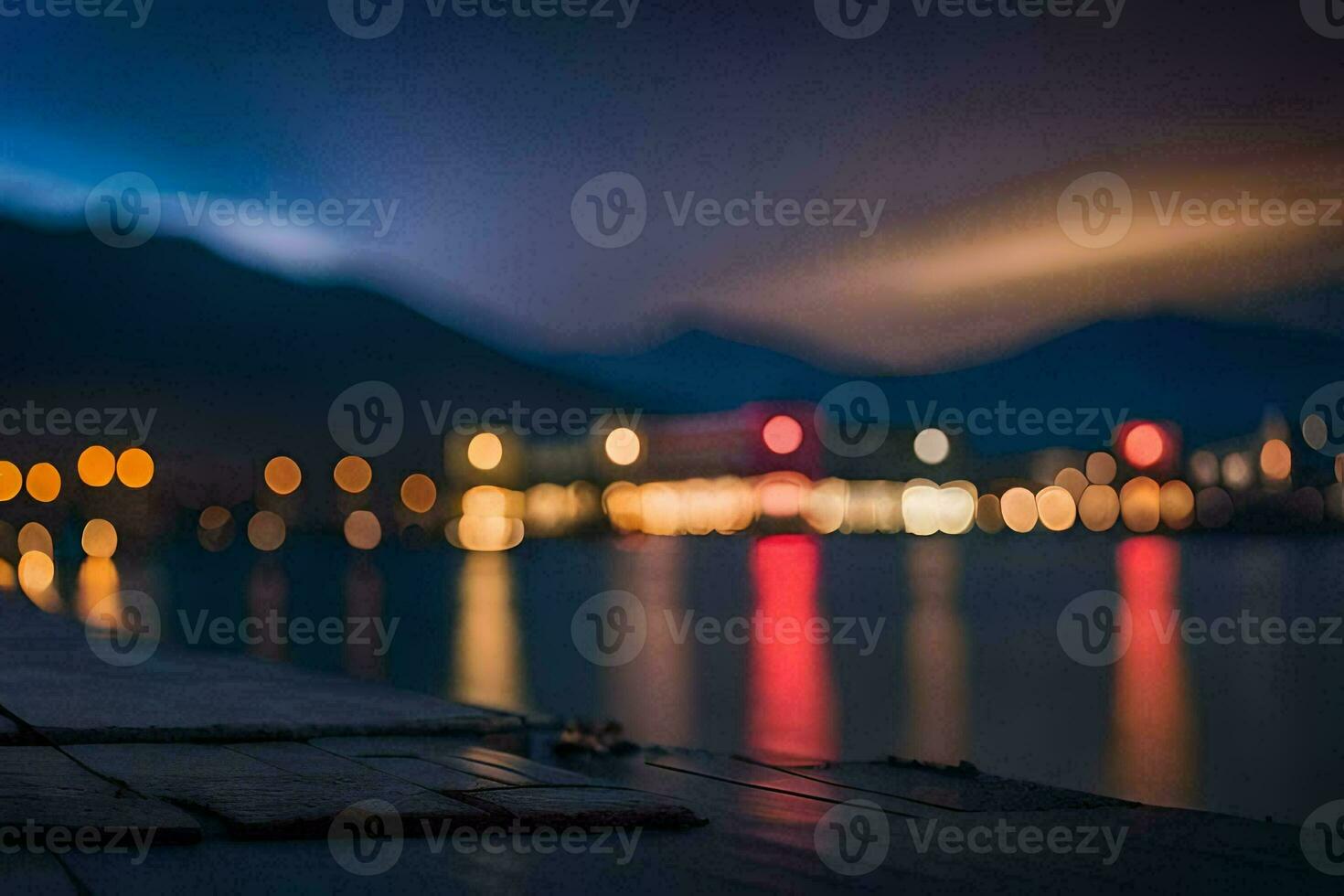 a bokeh photo of the lake at night. AI-Generated