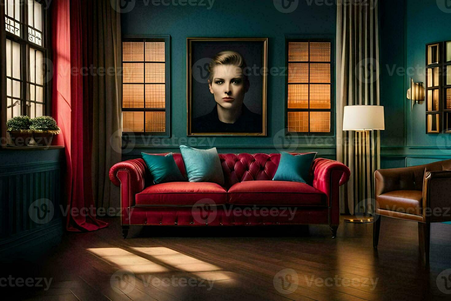 a red couch in a room with blue walls and a painting on the wall. AI-Generated photo