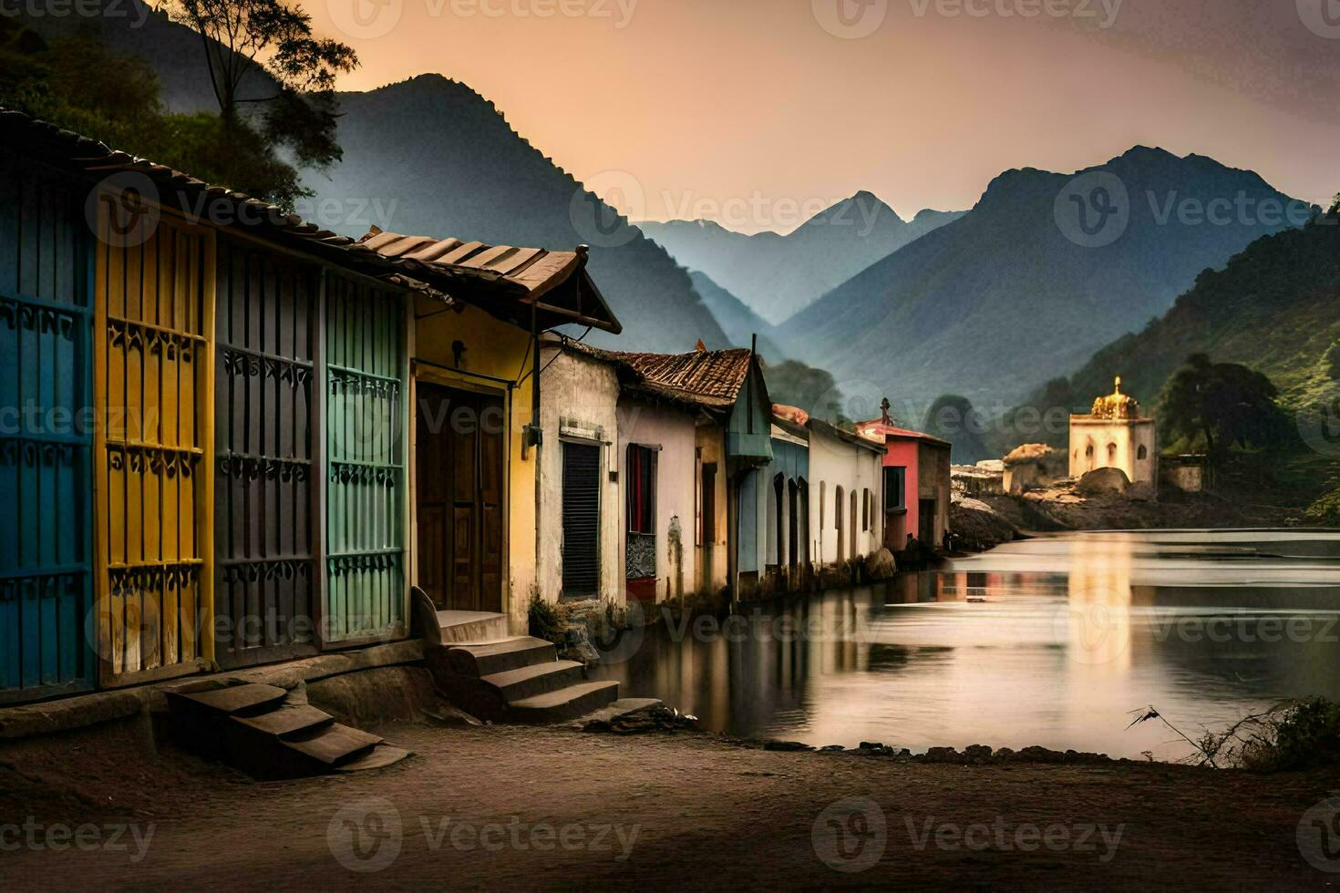 colorful houses line the banks of a river in the mountains. AI-Generated photo