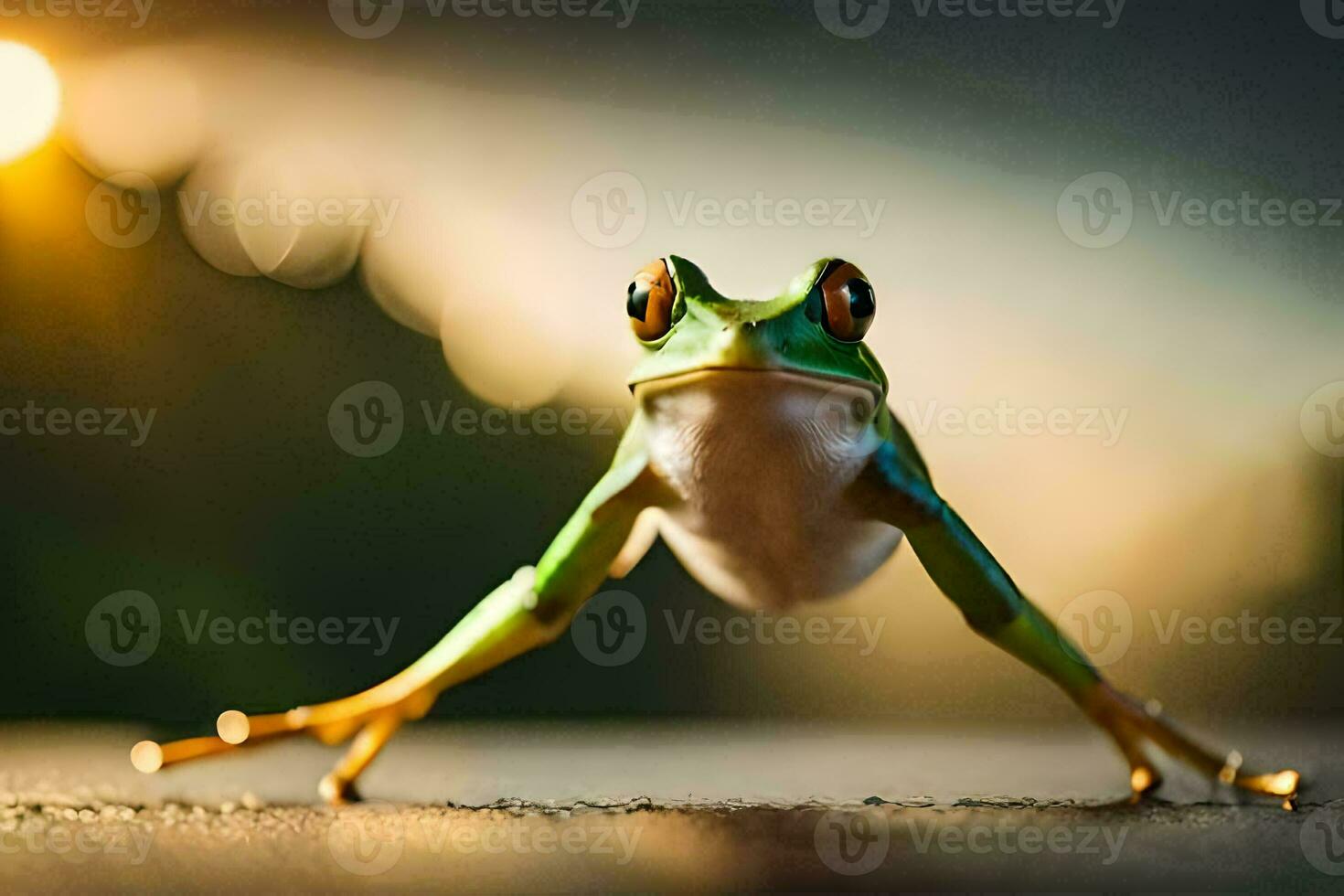 a frog is standing on the ground with its legs spread. AI-Generated photo