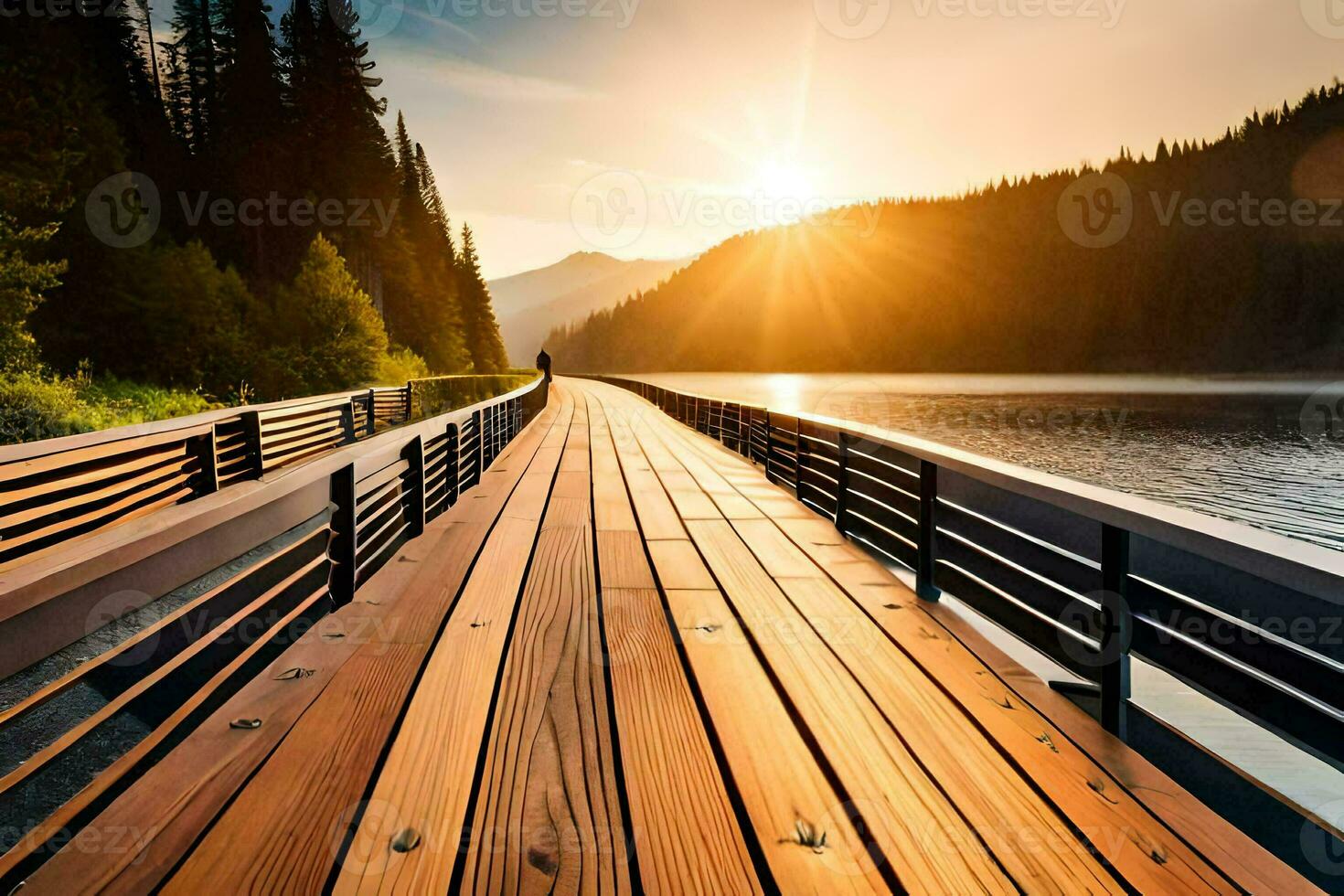 a wooden bridge over a lake at sunset. AI-Generated photo