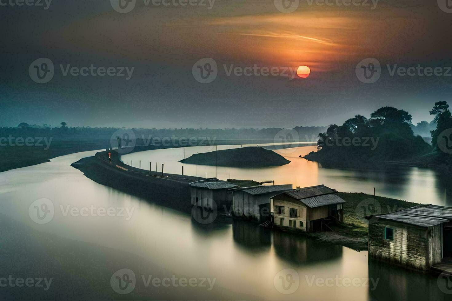 a river with houses and a sun setting over it. AI-Generated photo
