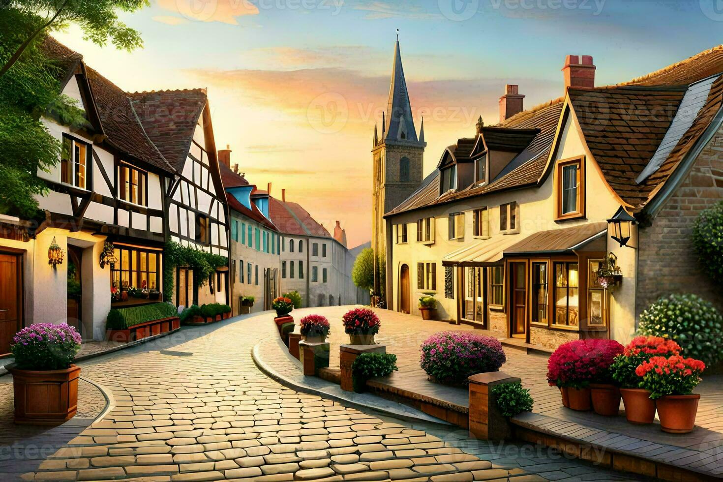a street scene with houses and flowers. AI-Generated photo
