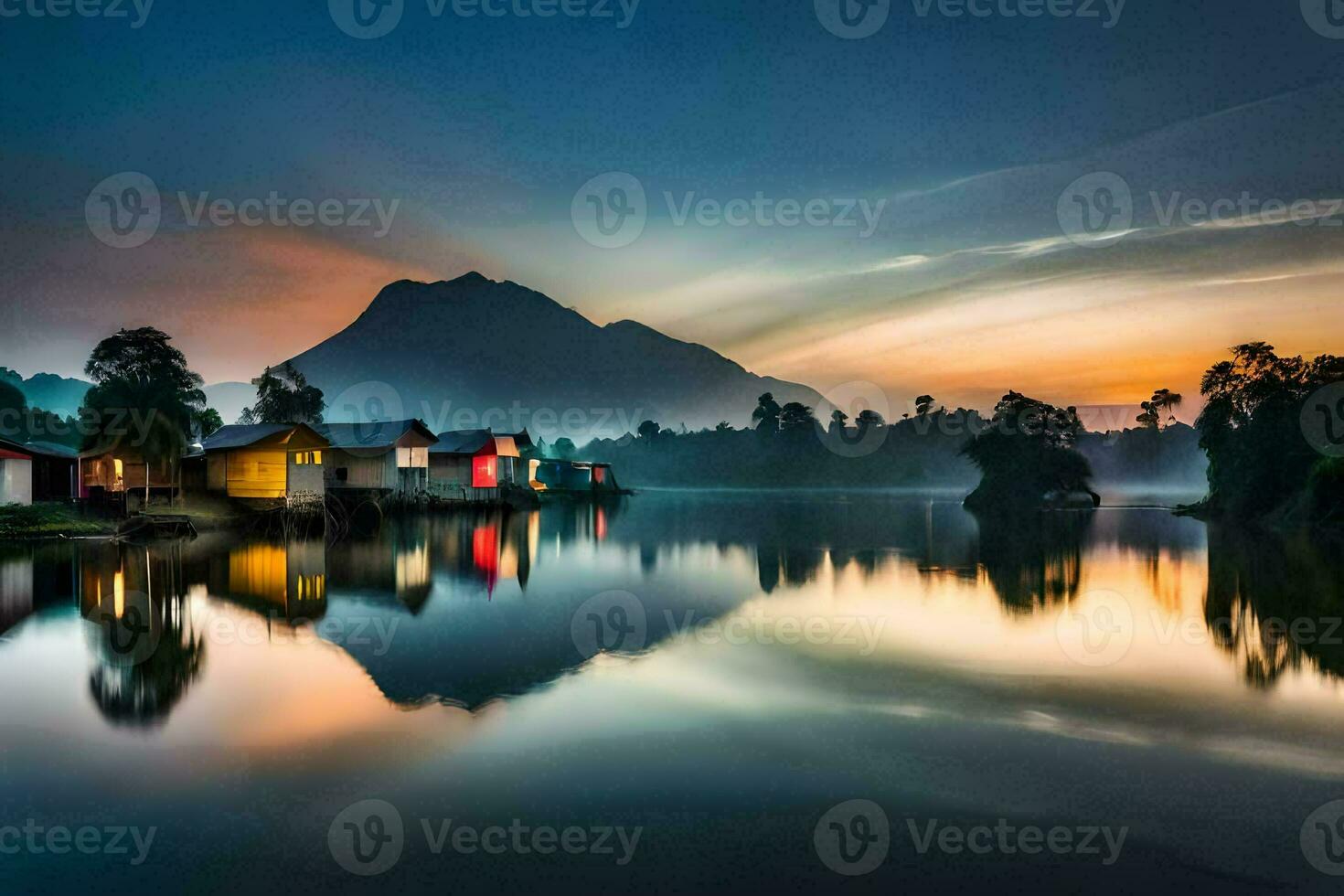 a lake with houses and mountains in the background. AI-Generated photo