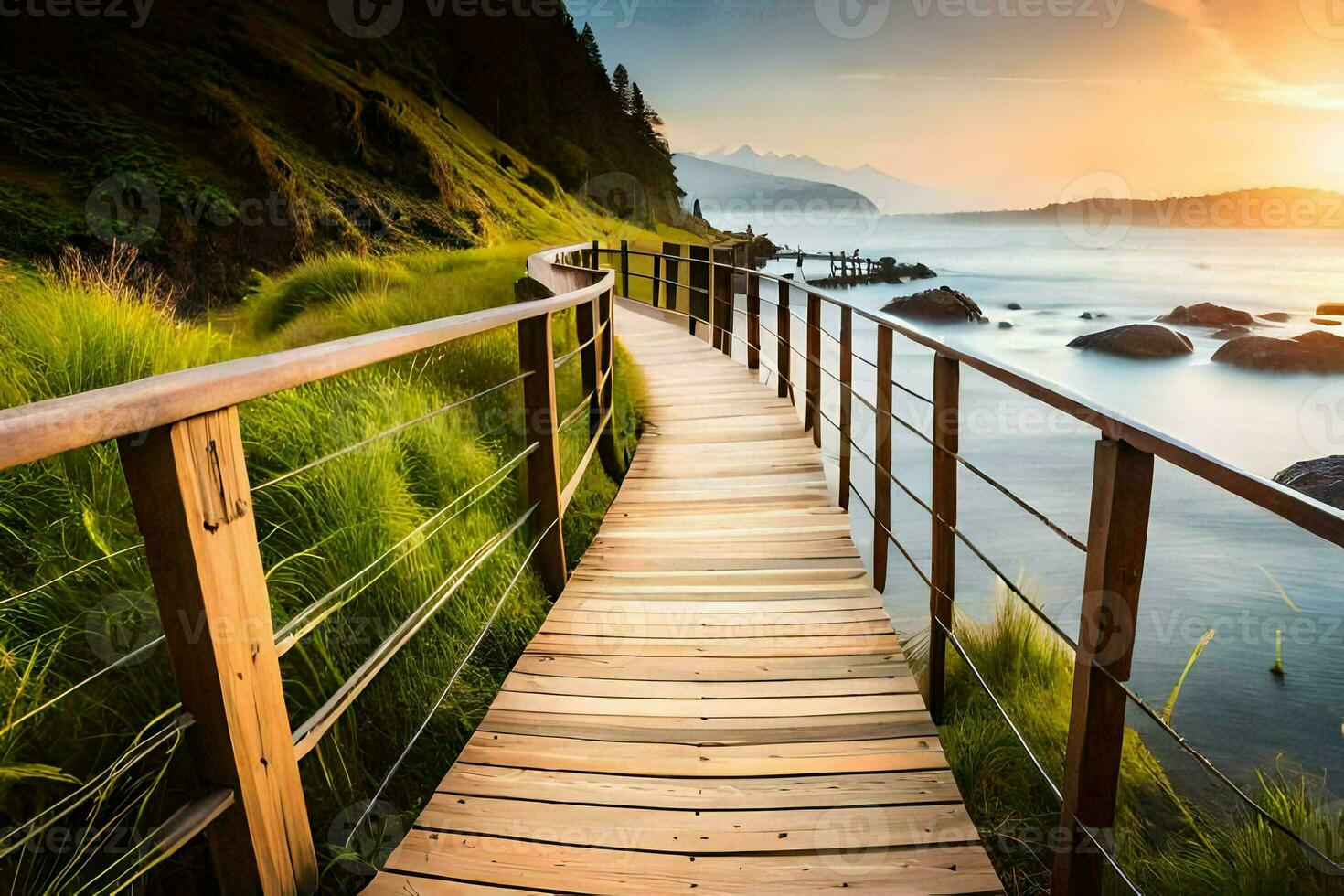 a wooden walkway leads to the ocean at sunset. AI-Generated photo