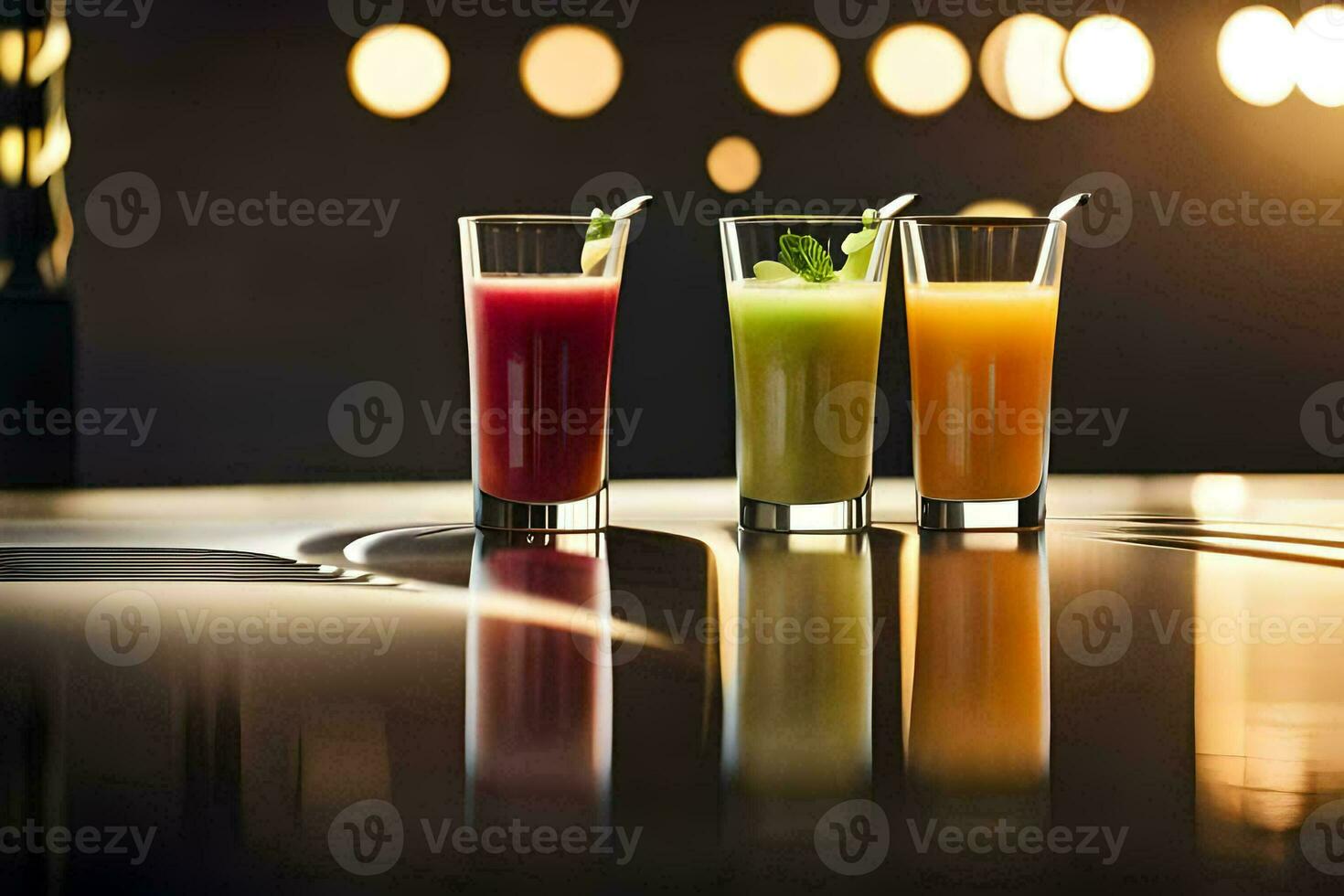 three glasses of juice on a table. AI-Generated photo