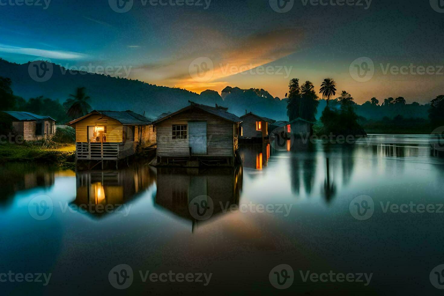 photo wallpaper the sky, water, mountains, house, the house, the house, the house. AI-Generated