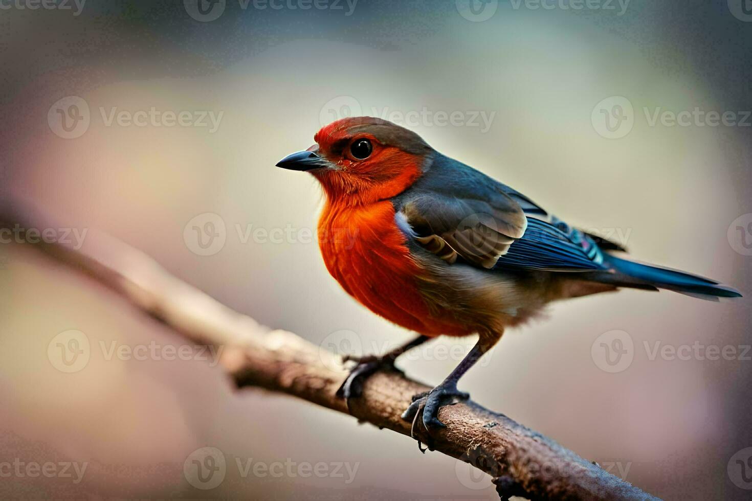 a red and blue bird sitting on a branch. AI-Generated photo