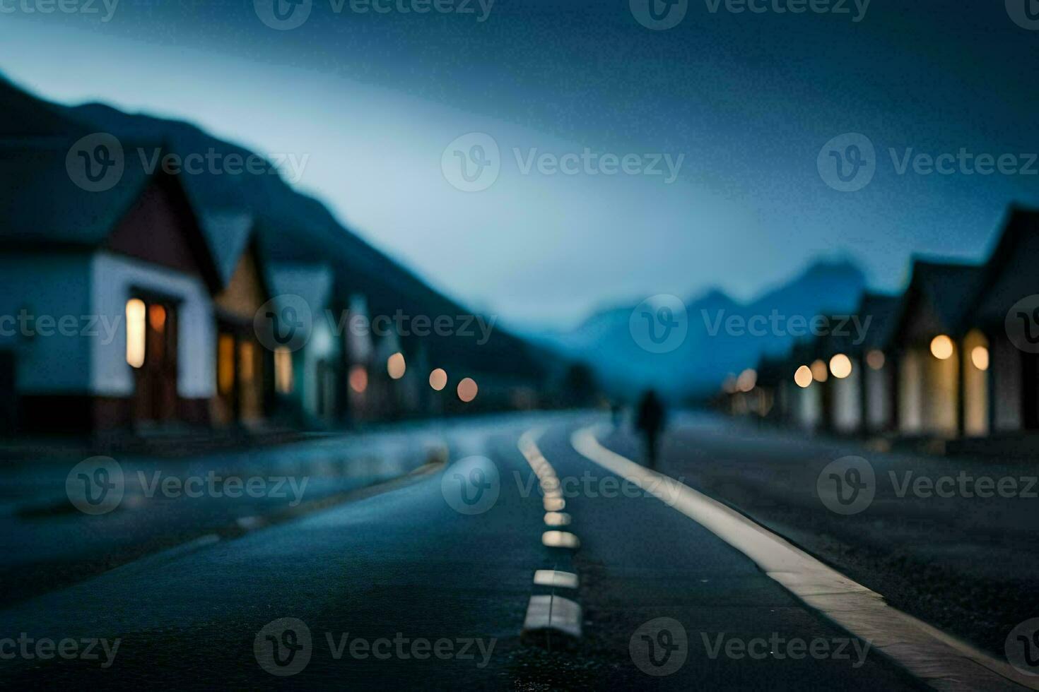 a long road with houses and lights on it. AI-Generated photo