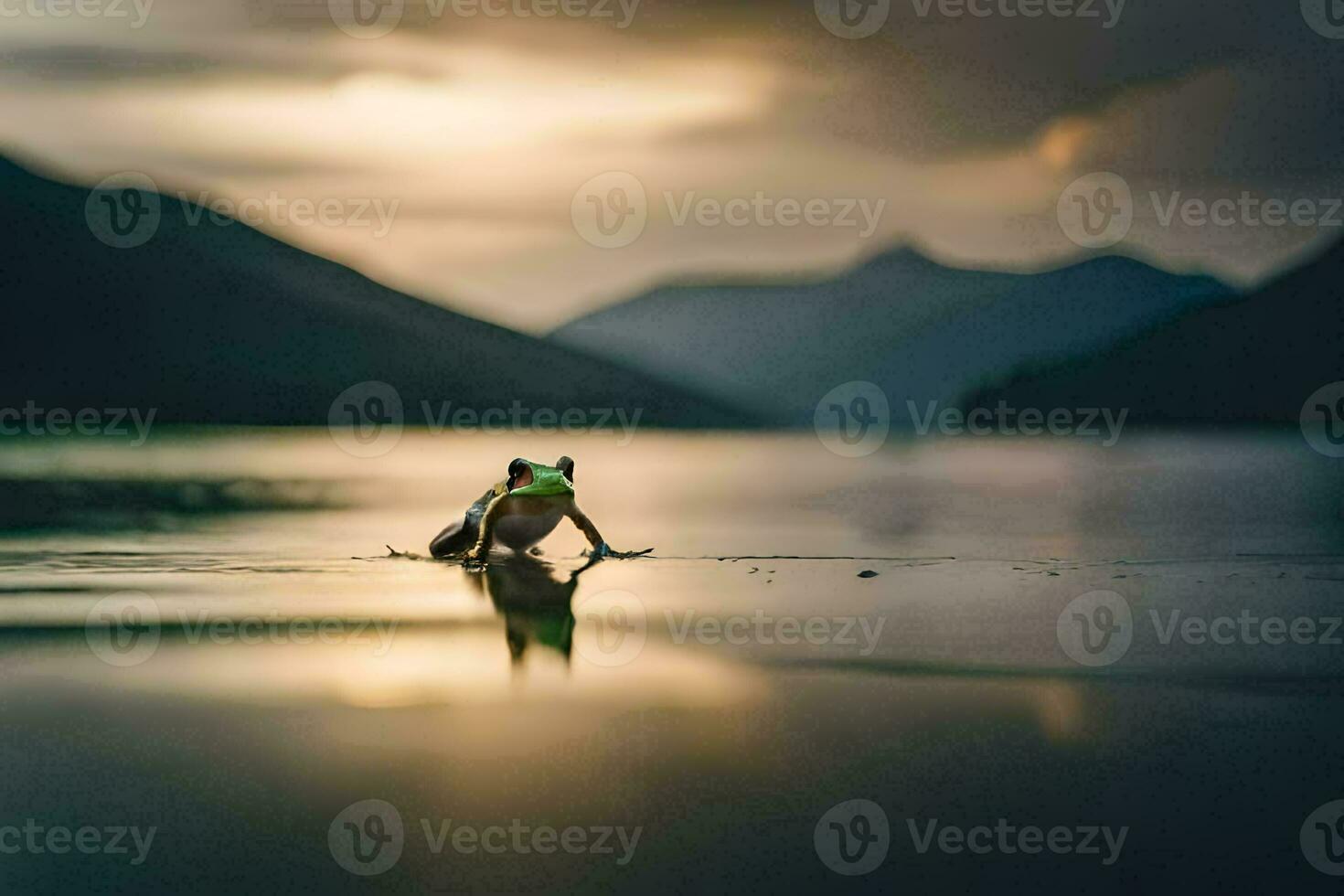 a frog sitting on the edge of a lake at sunset. AI-Generated photo