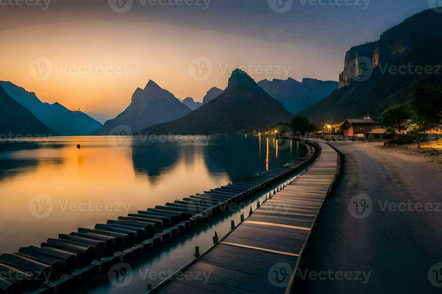 a long pier with a mountain in the background. AI-Generated photo