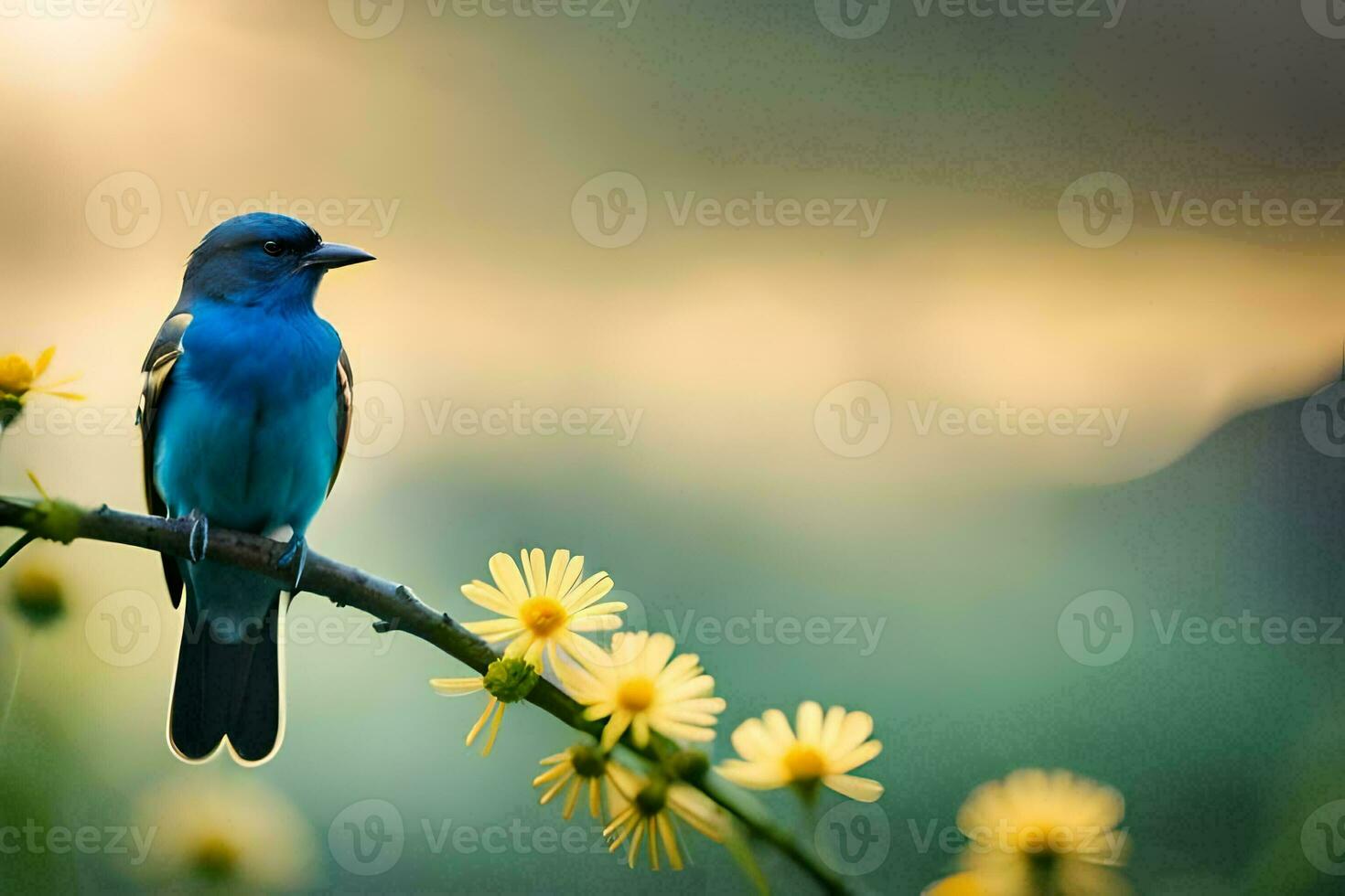 a blue bird sits on a branch with yellow flowers. AI-Generated photo