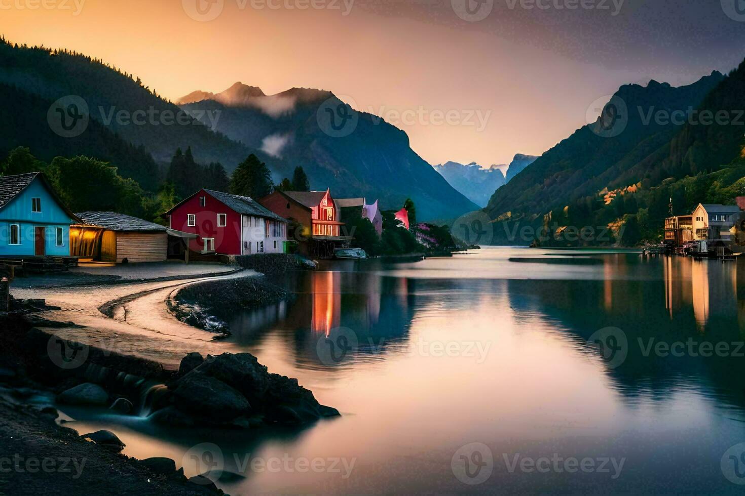 foto fondo de pantalla el cielo, montañas, agua, casas, el mar, el montañas, Noruega. generado por ai