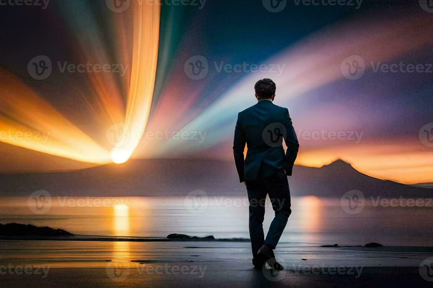 un hombre en un traje soportes en el playa a puesta de sol. generado por ai foto