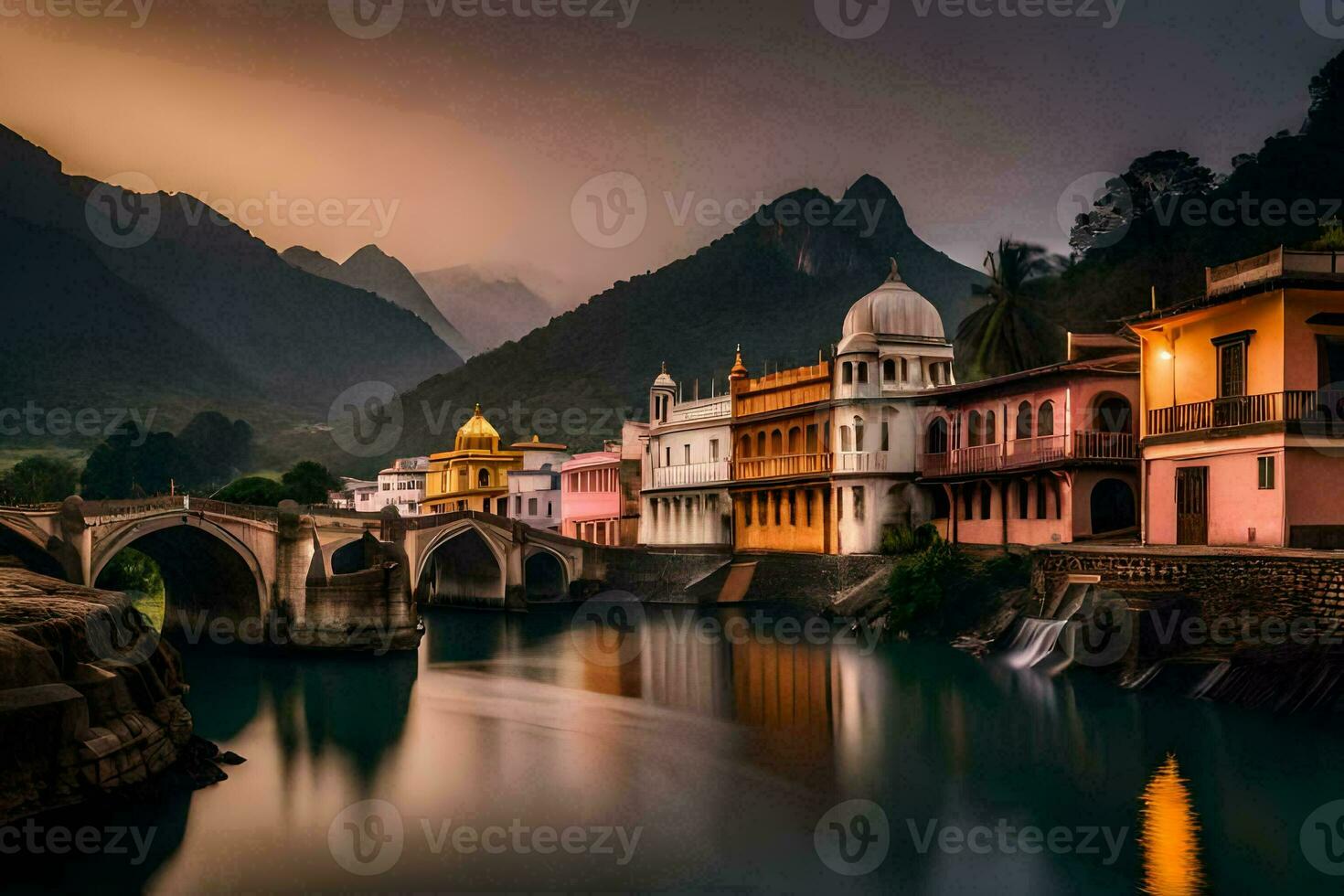 el hermosa ciudad de rishikesh, India. generado por ai foto