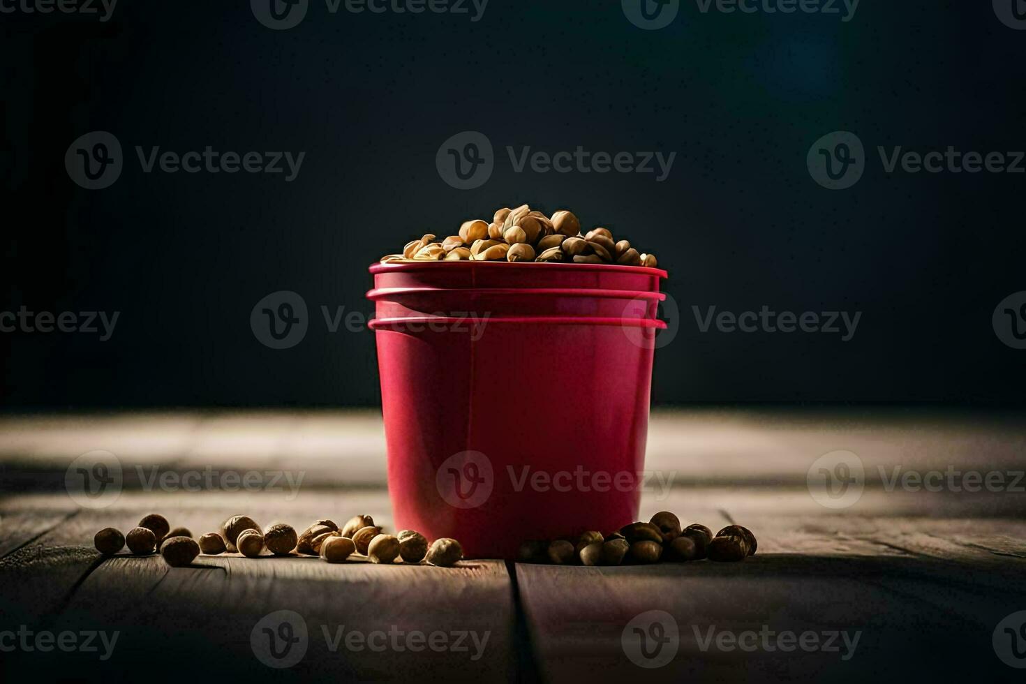 a red bucket filled with peanuts on a wooden table. AI-Generated photo
