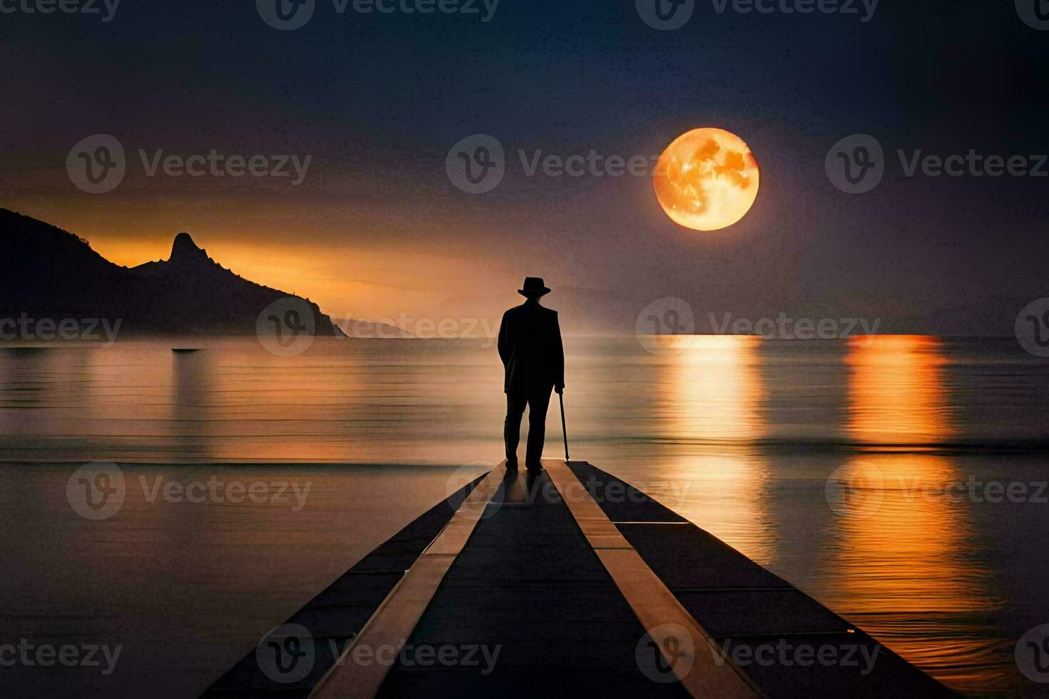 a man standing on a pier looking at the full moon. AI-Generated photo