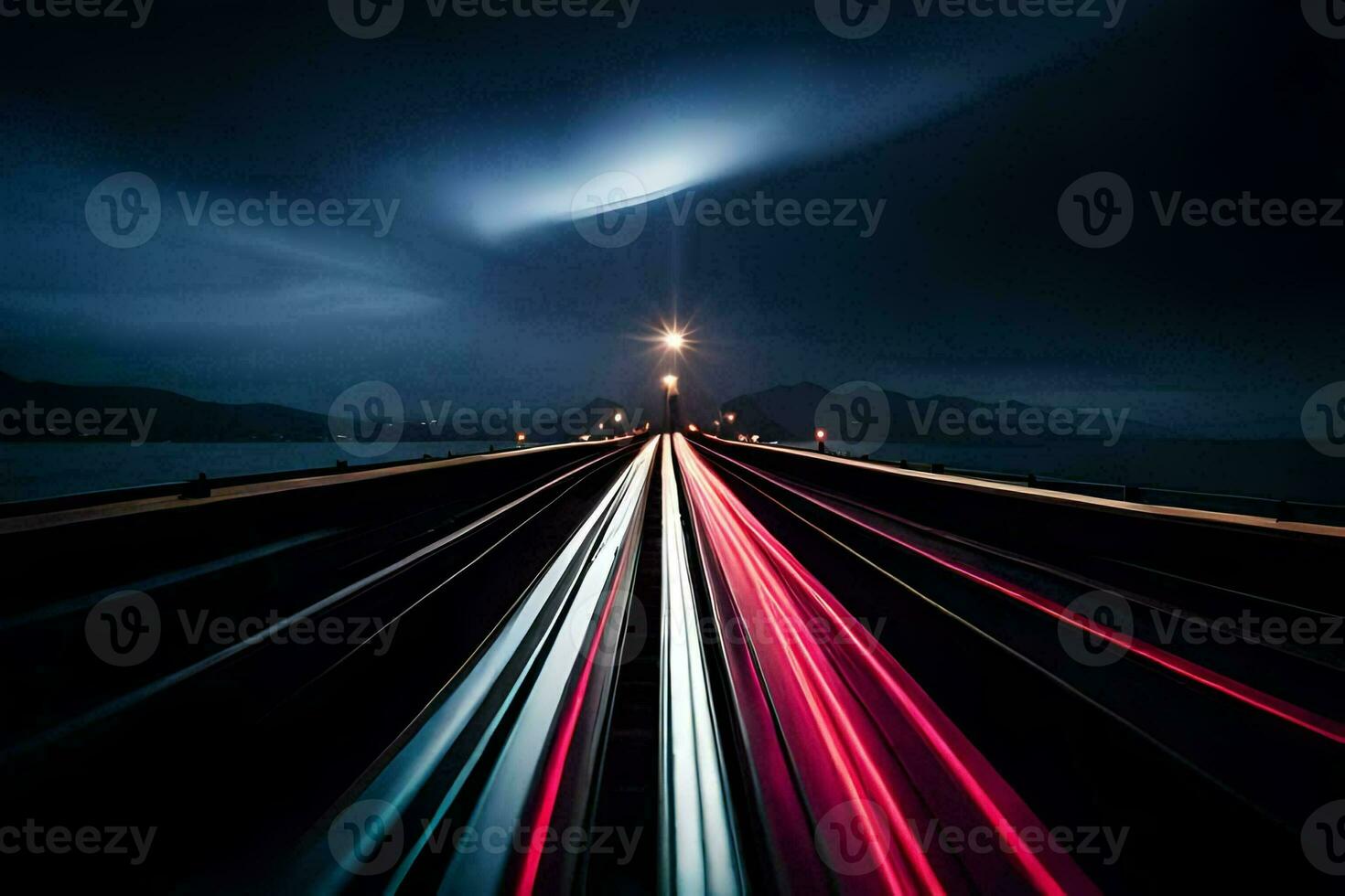 a long exposure photograph of a train track at night. AI-Generated photo