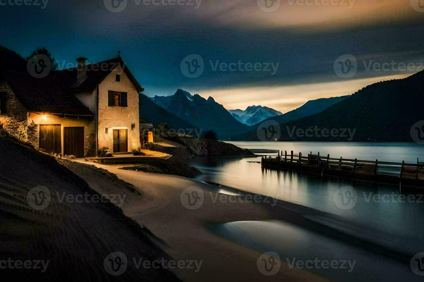 un casa en el apuntalar de un lago a noche. generado por ai foto