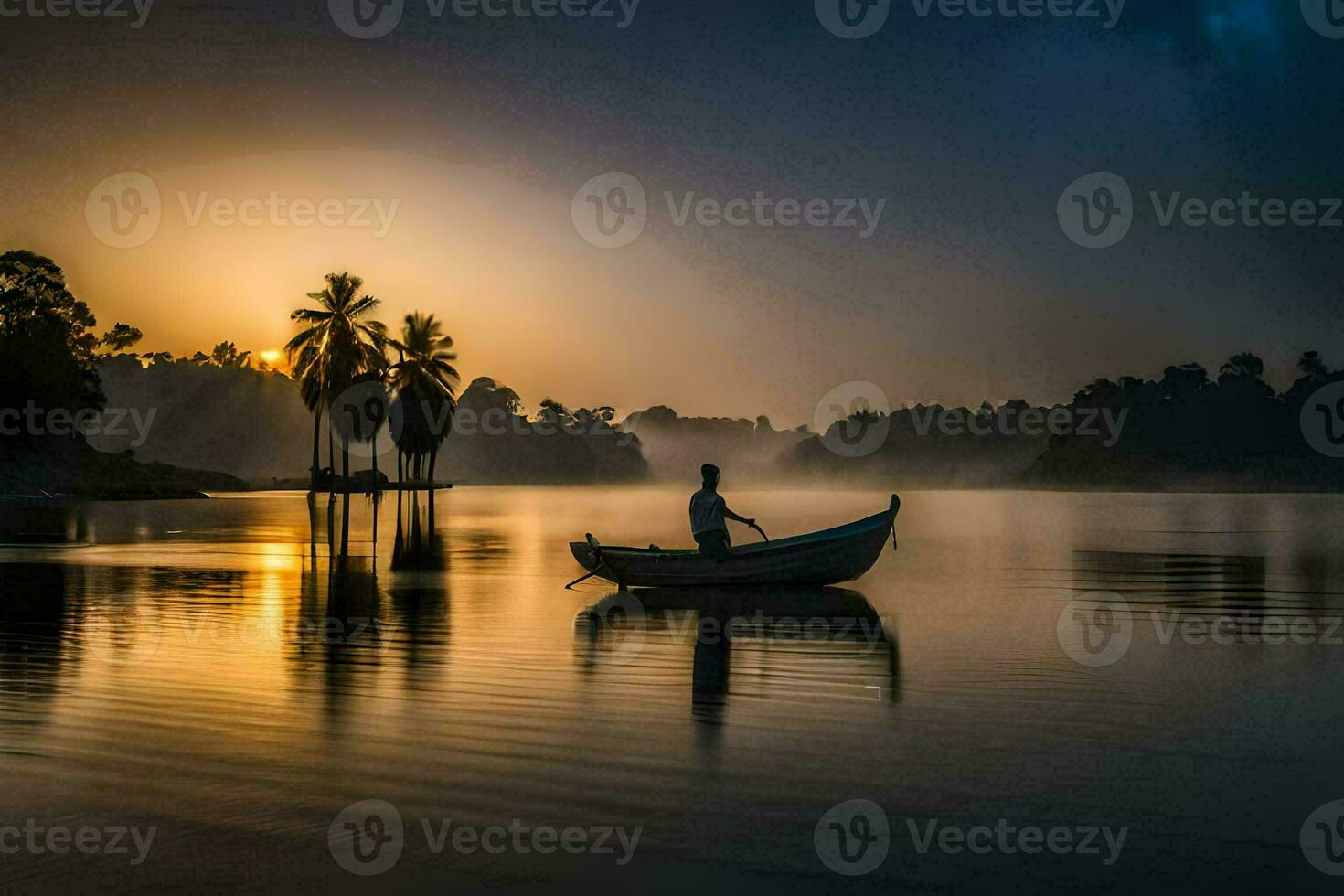 a man in a boat on a lake at sunrise. AI-Generated photo