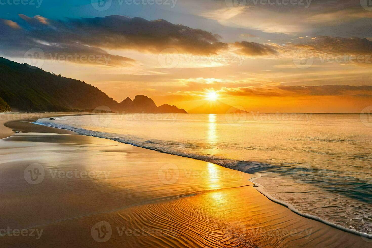 the sun sets on the beach in the background. AI-Generated photo