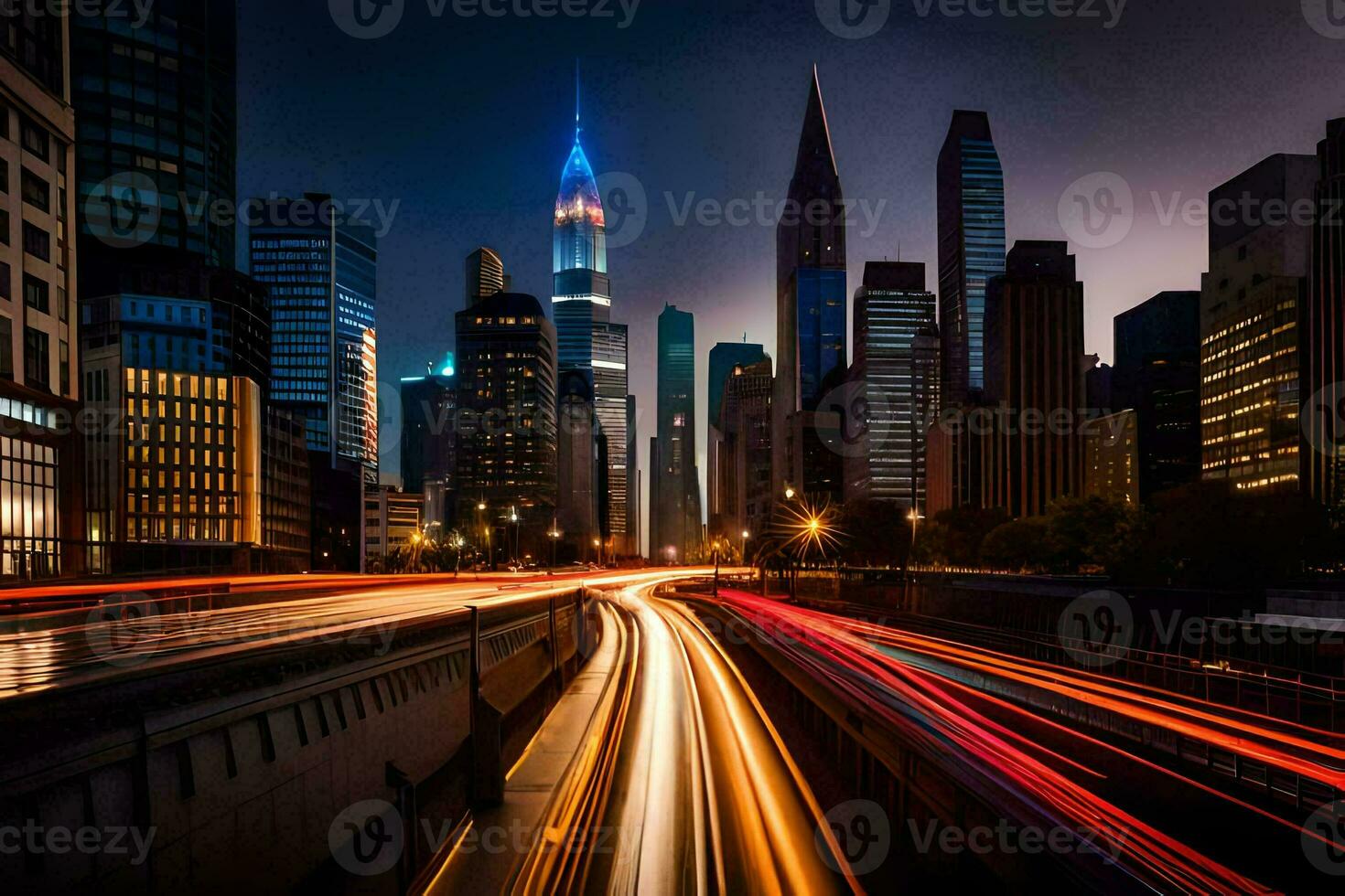 a city at night with traffic lights and buildings. AI-Generated photo