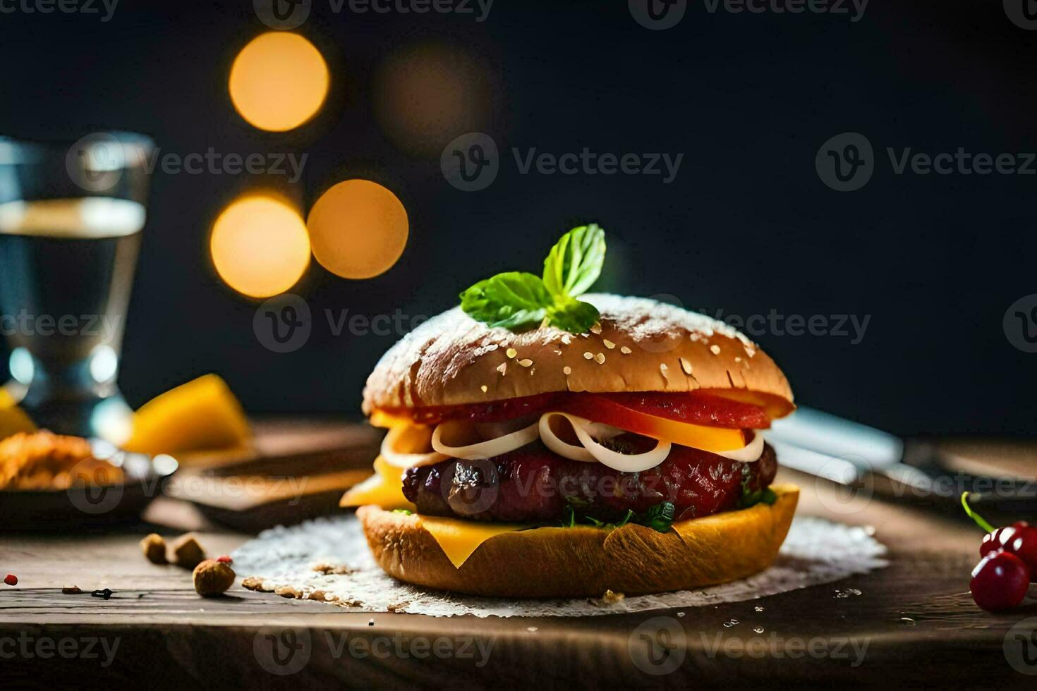 a hamburger with cheese and tomatoes on a wooden table. AI-Generated photo