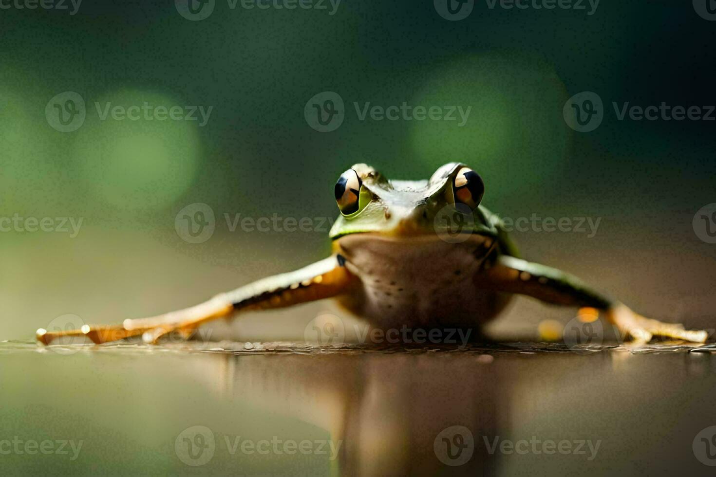 a frog sitting on the ground with its legs spread. AI-Generated photo