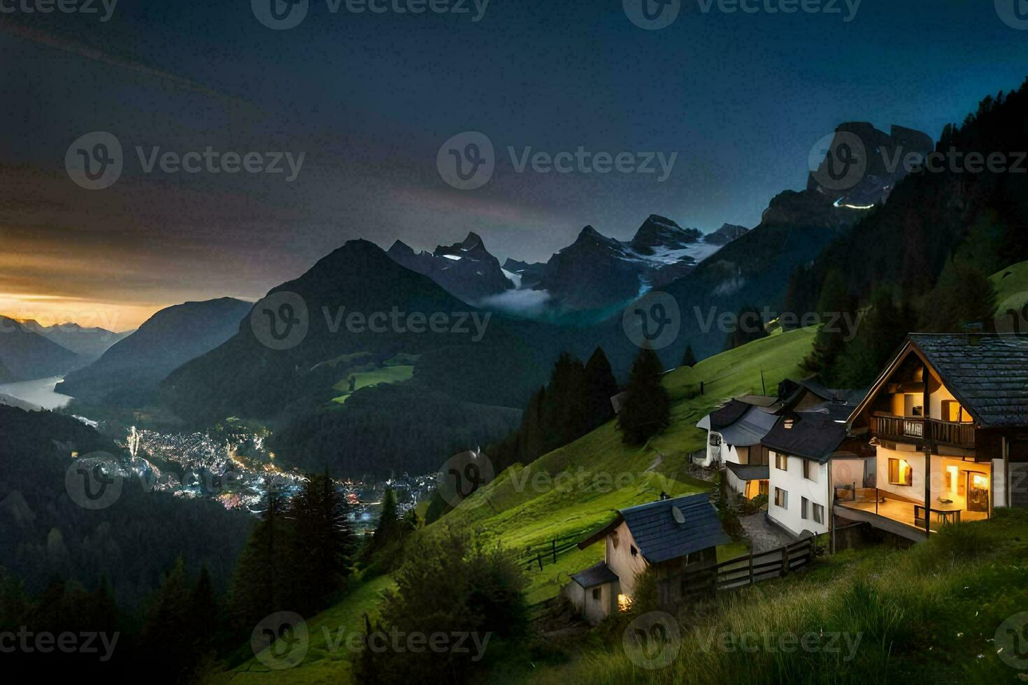a house in the mountains at sunset. AI-Generated photo