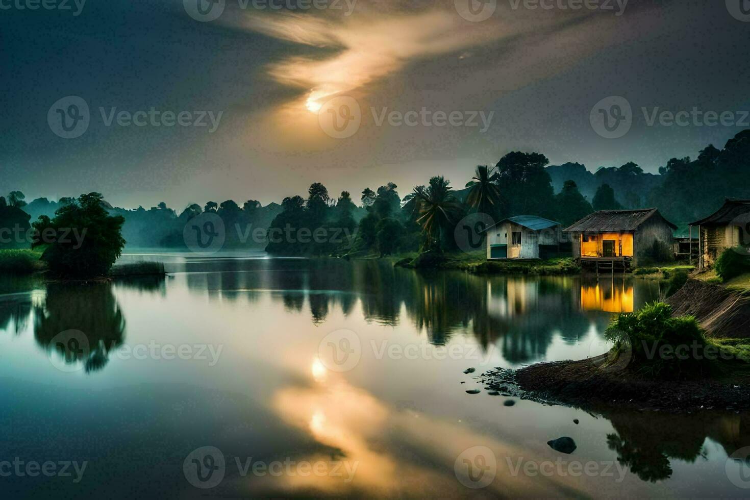 a house sits on the shore of a river with a full moon. AI-Generated photo