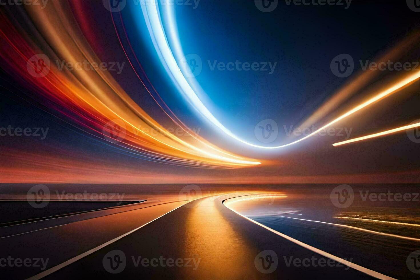 a long exposure photograph of a road at night. AI-Generated photo