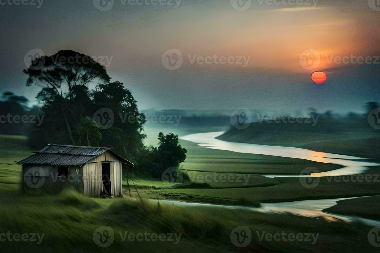 a small hut sits on the edge of a river. AI-Generated photo